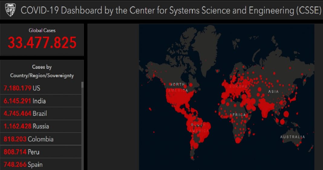 Mapa da pandemia atualizado duas vezes ao dia pela Universidade John Hopkins