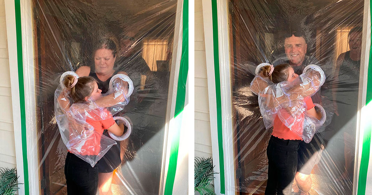 portalraizes.com - Garota de 10 anos criou cortina de plástico para abraçar avós na quarentena