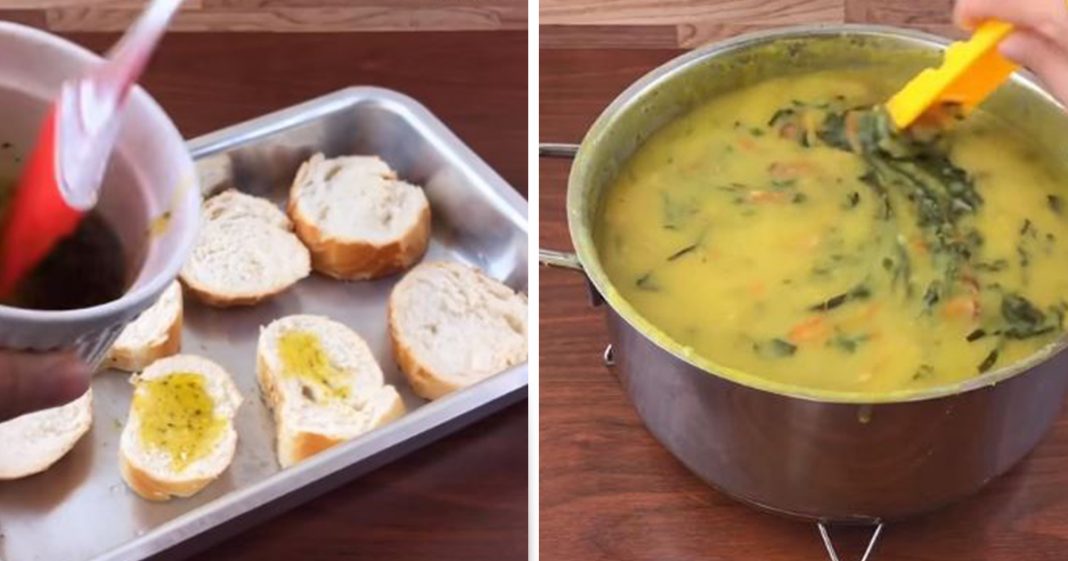 Perfeito: Caldo cremoso de batata + torrada temperada para esse friozinho