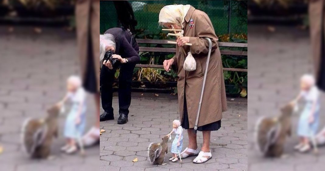 Velha senhora alimenta esquilos com marionete de si mesma