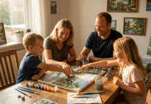 Família feliz pintando juntos em telas de pintura por números na mesa de jantar